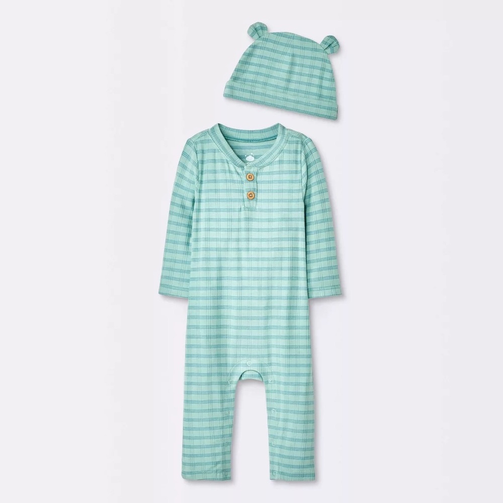 Baby Boys' Jacquard Checkered Romper & Hat - Cloud Islandl Blue 12 MO ~ NO HAT